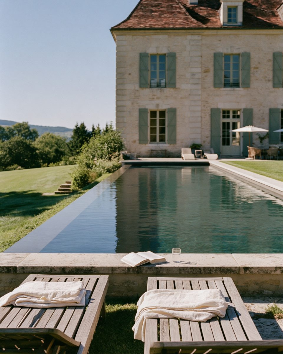 Infinity pool at the foot of a manor house