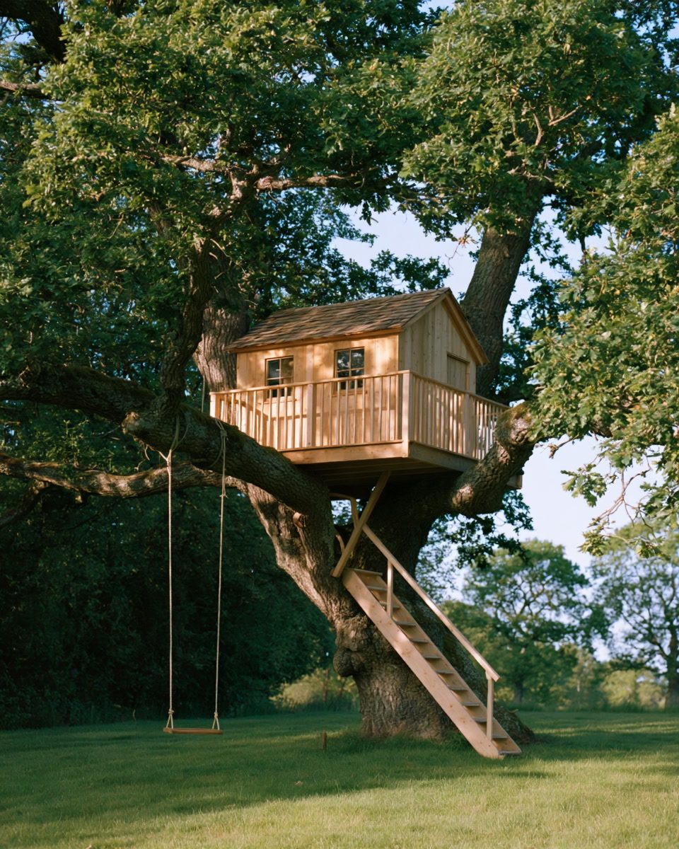 Treehouse in an oak, staircase and swing
